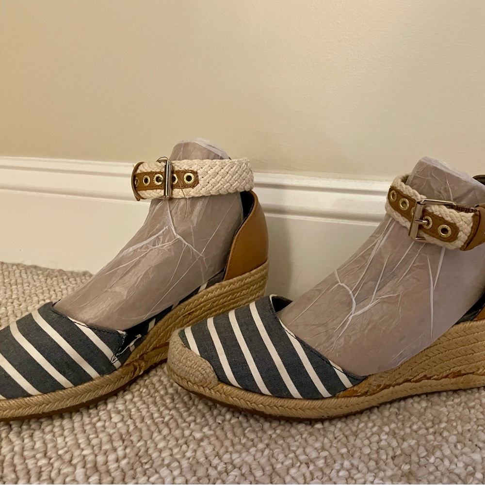 Sperry Navy and Tan Espadrille Wedges